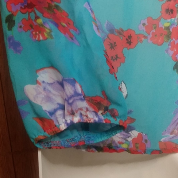 Dots Floral Blue Sheer Chiffon Shirt with Lace 1X - Picture 5 of 8